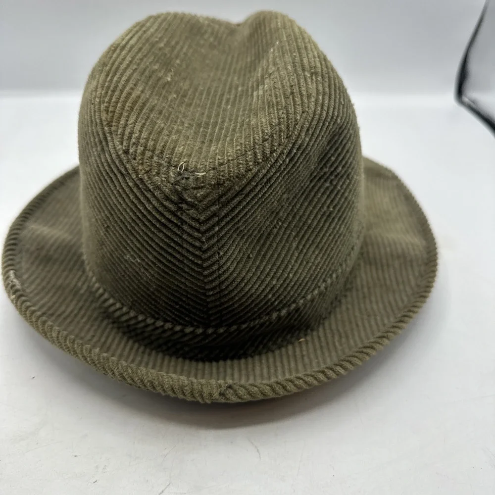 Olive Green Corduroy Fedora Hat Feather Accent Union Made Mens Hat Vintage